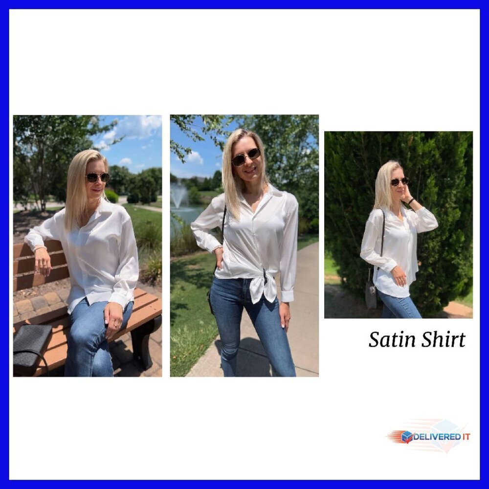 Long Sleeve Satin Button Down Blouse - Business Casual Fall Top - Picture 8 of 8